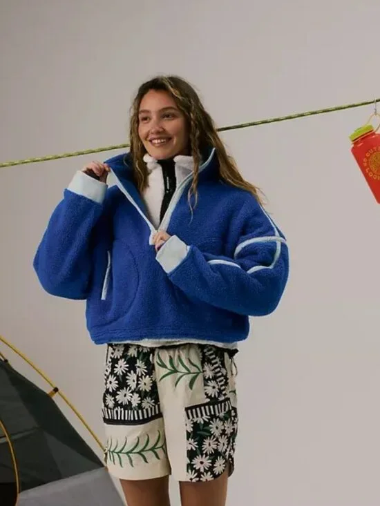 Free People Movement Mountain High 1/2 Zip Fleece Women XS Blue Crop Mock Neck - Picture 5 of 15